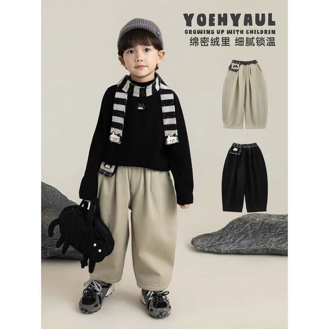 幼悠男童冬季通猫咪绣标加绒加厚休闲裤卡时尚保暖儿童裤子N7354