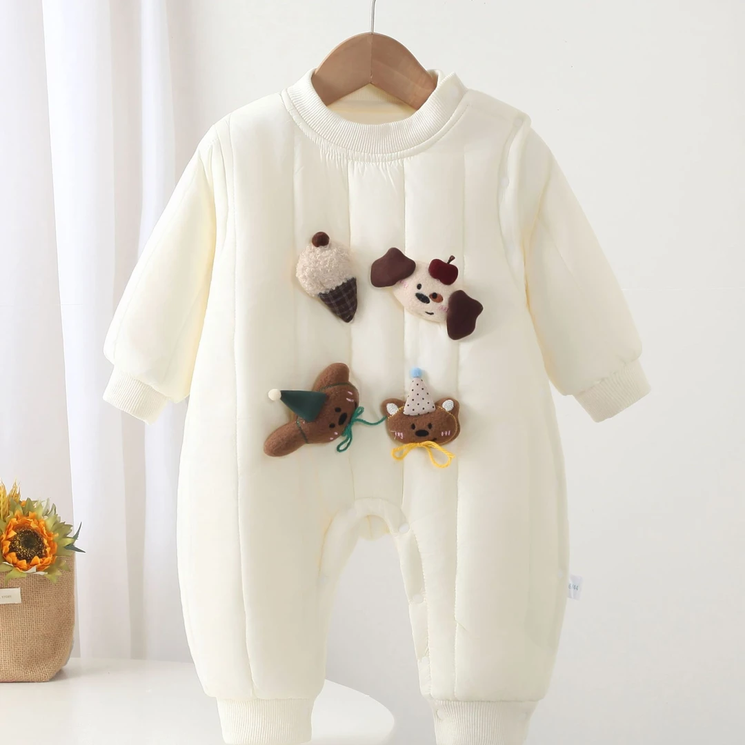 婴儿夹棉连体衣春秋冬季宝宝加绒冬装公仔组合偏开棉哈衣外出服