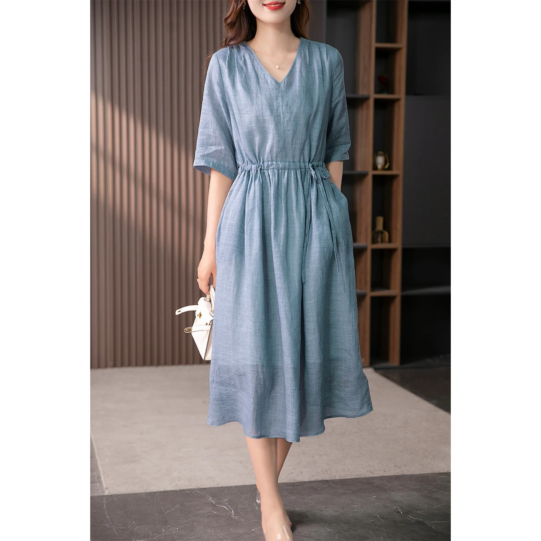 原形气质V领苎麻小众宽松连衣裙提花女抽绳显瘦A字裙U89228