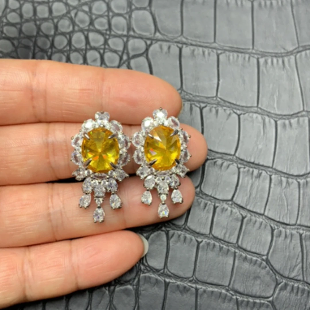 铜合金合成锆石耳饰 轻奢百搭豪华冰花切耳钉彩色饰品精致气质53