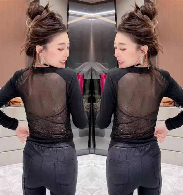 拼网纱漏背微透长袖T恤女大码春夏新款打底衫修身透气小性感上衣