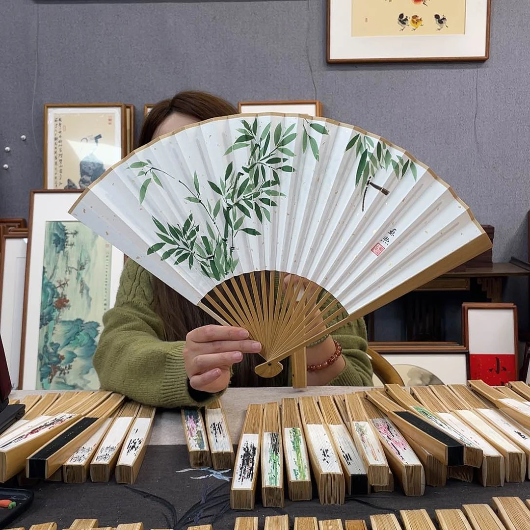 国画95寸玉竹-纯手绘-文玩扇骨（默认粘好）