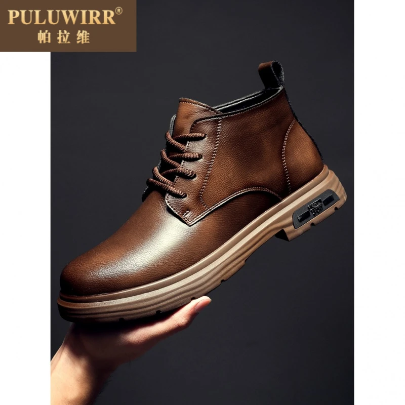 男士高帮鞋增高棕色大黄靴冬季真皮短靴子百搭美式马丁靴男款复古