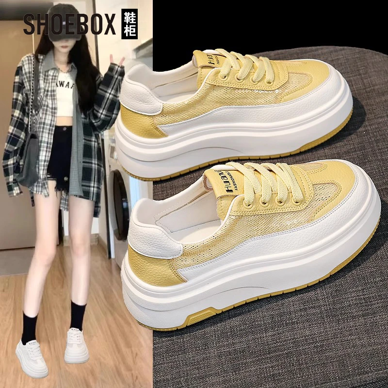 SHOEBOX鞋网面透气小白鞋女款2025新款夏季薄款厚底增高运动板鞋