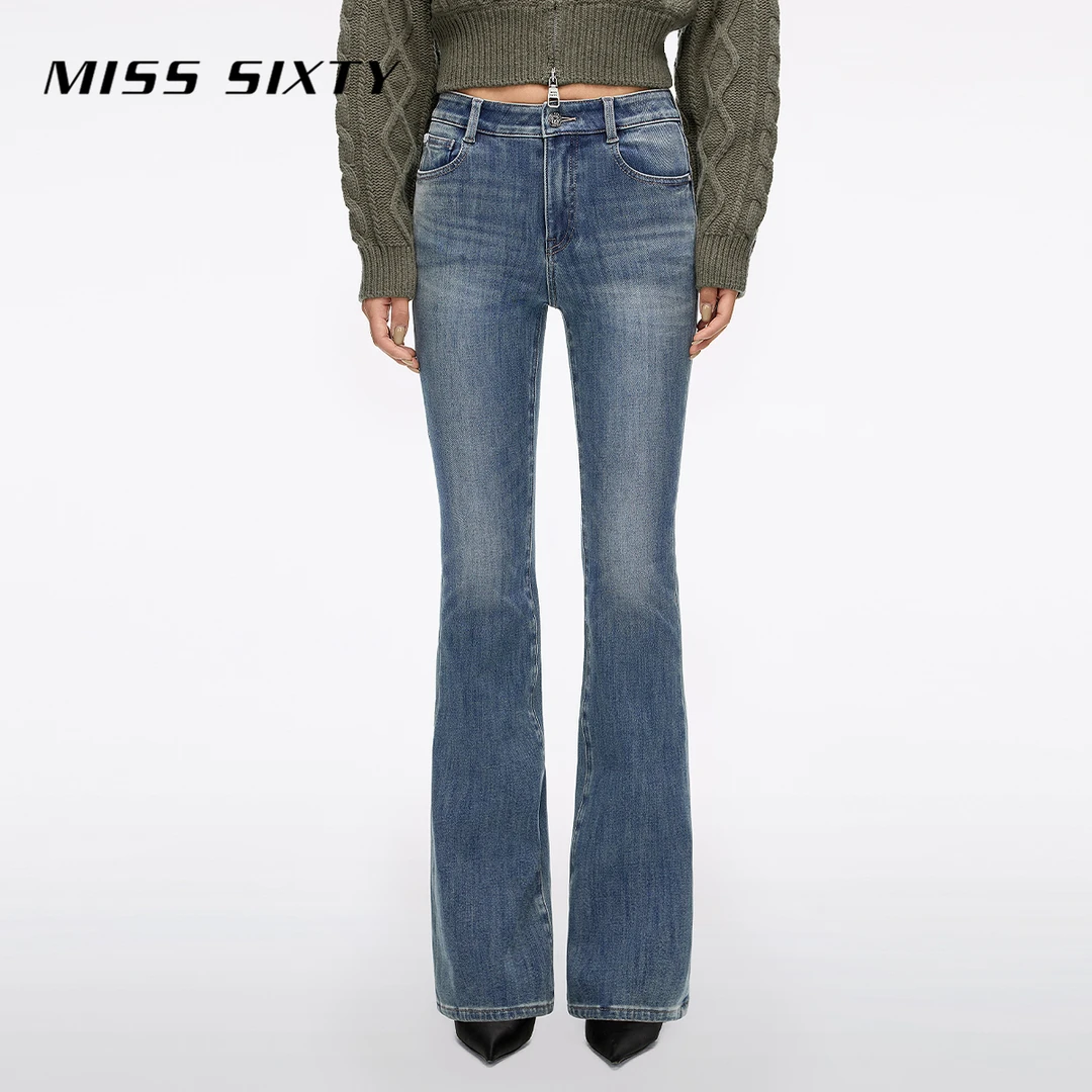Miss Sixty2025秋季新款牛仔裤女中腰修身显瘦复古洗水喇叭长裤