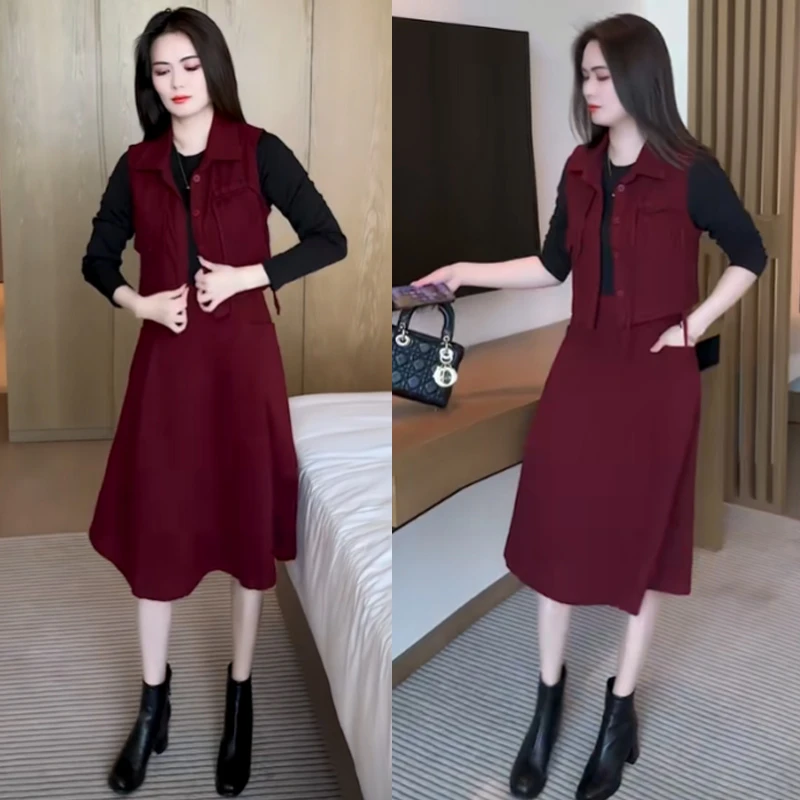 套装裙女2025新款秋季马甲搭拼接连衣裙女显瘦减龄免搭洋气休闲装