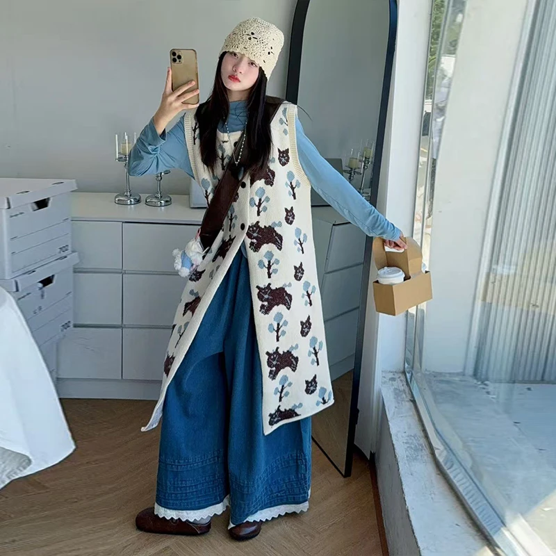 【酷哒仔】女童氛围感针织马甲打底衫牛仔阔腿裤三件套装2025秋季潮