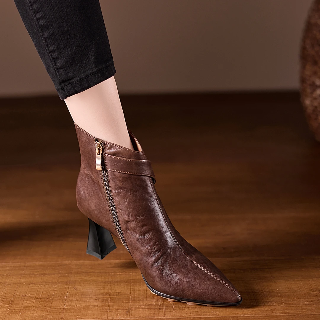 小个子手工女鞋6.5cm~法式高跟鞋女尖头细跟短靴女气质简约时装靴