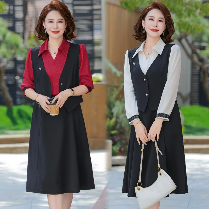 高档洋派假两件长袖洋装女2025春秋新款喜婆婆妈妈气质显瘦裙子