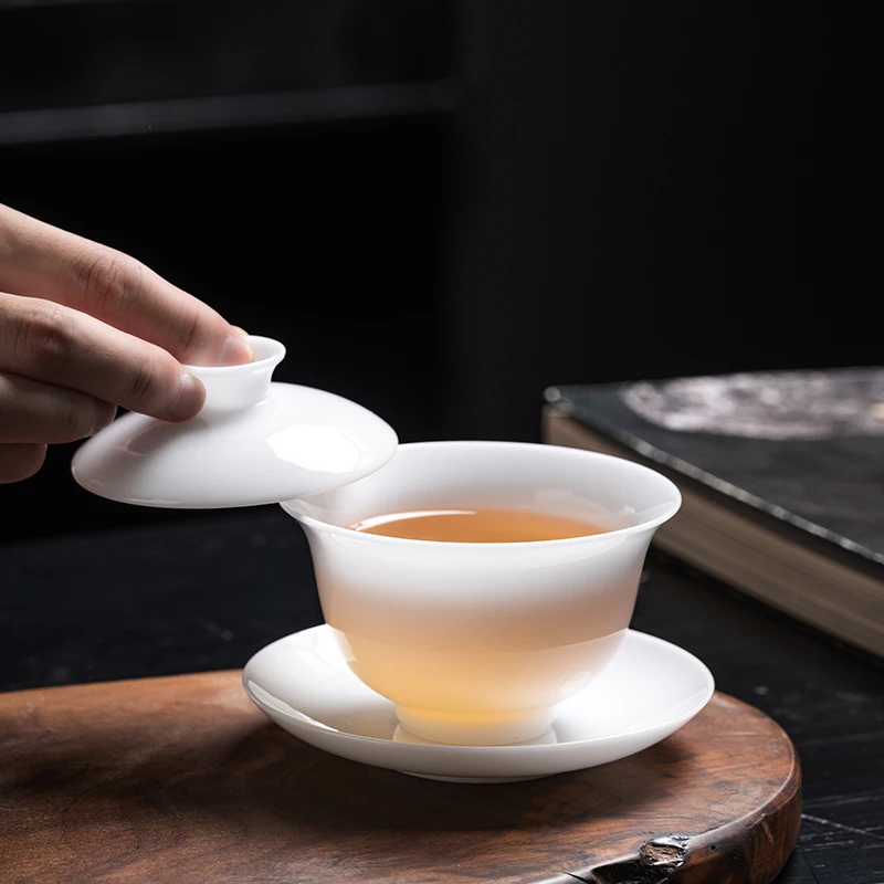 德化高端冰种高档大盖碗陶瓷纯白带盖茶盖碗瓷盖碗中式防烫白瓷