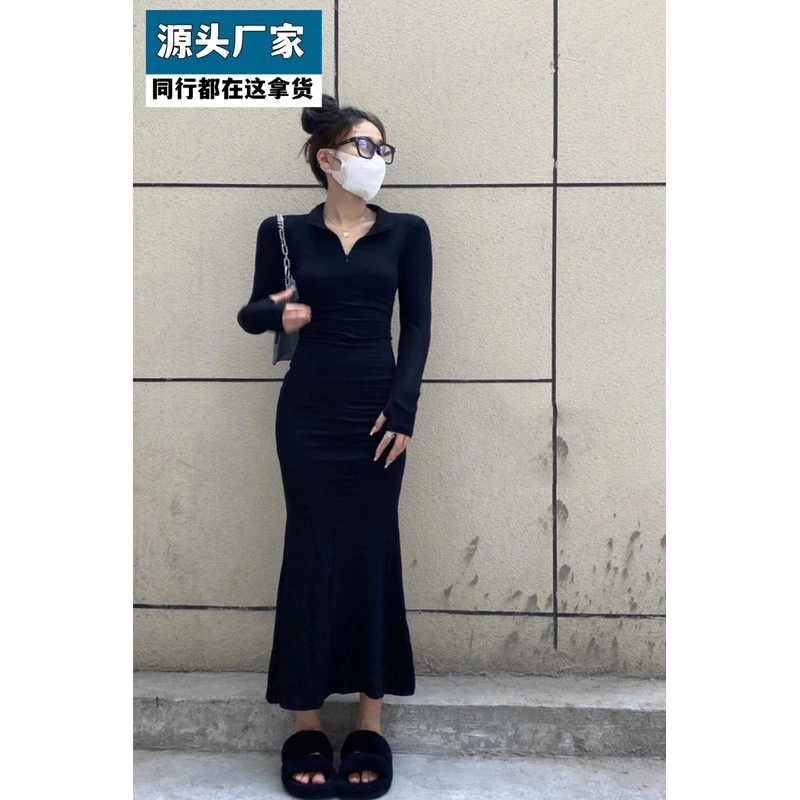 梵乐芬纯欲风长袖拉链连衣裙女秋冬过膝长裙显瘦辣妹包臀后妈裙鱼