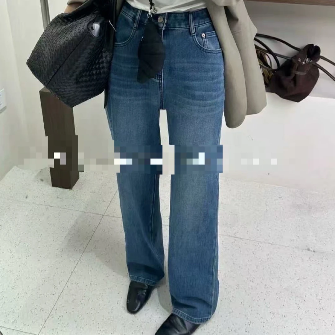 新款高腰窄版阔腿牛仔裤女秋季宽松显瘦直筒拖地长裤