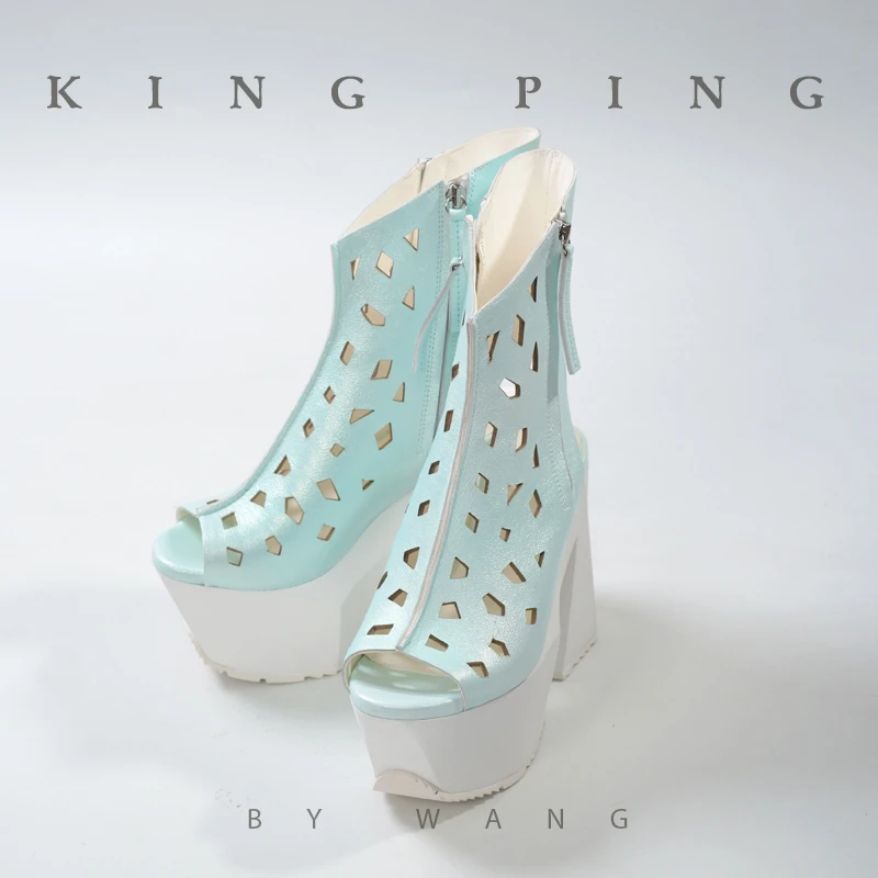 KING PING原创设计夏透气高水台时尚真皮粗跟凉靴女士镂空 X05203