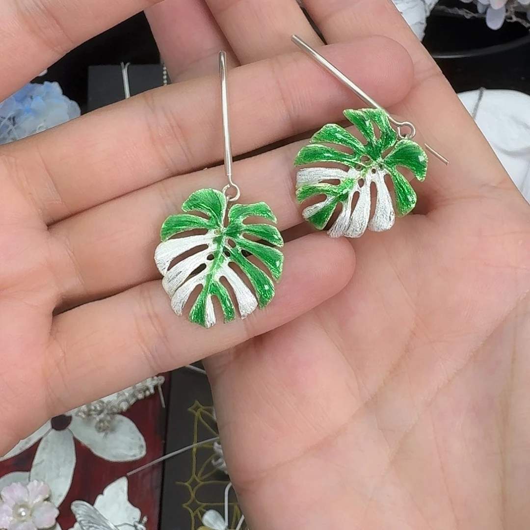 足银珐琅龟背竹纯银耳坠