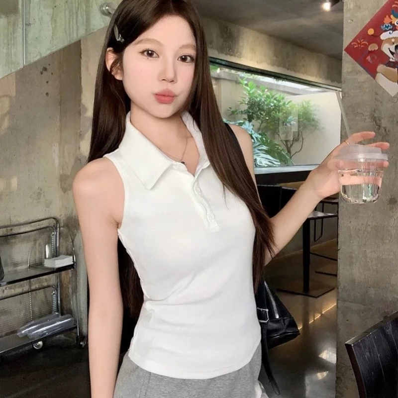 【辣度反差】夏季简约修身美式复古上衣辣妹无袖POLO背心C1706
