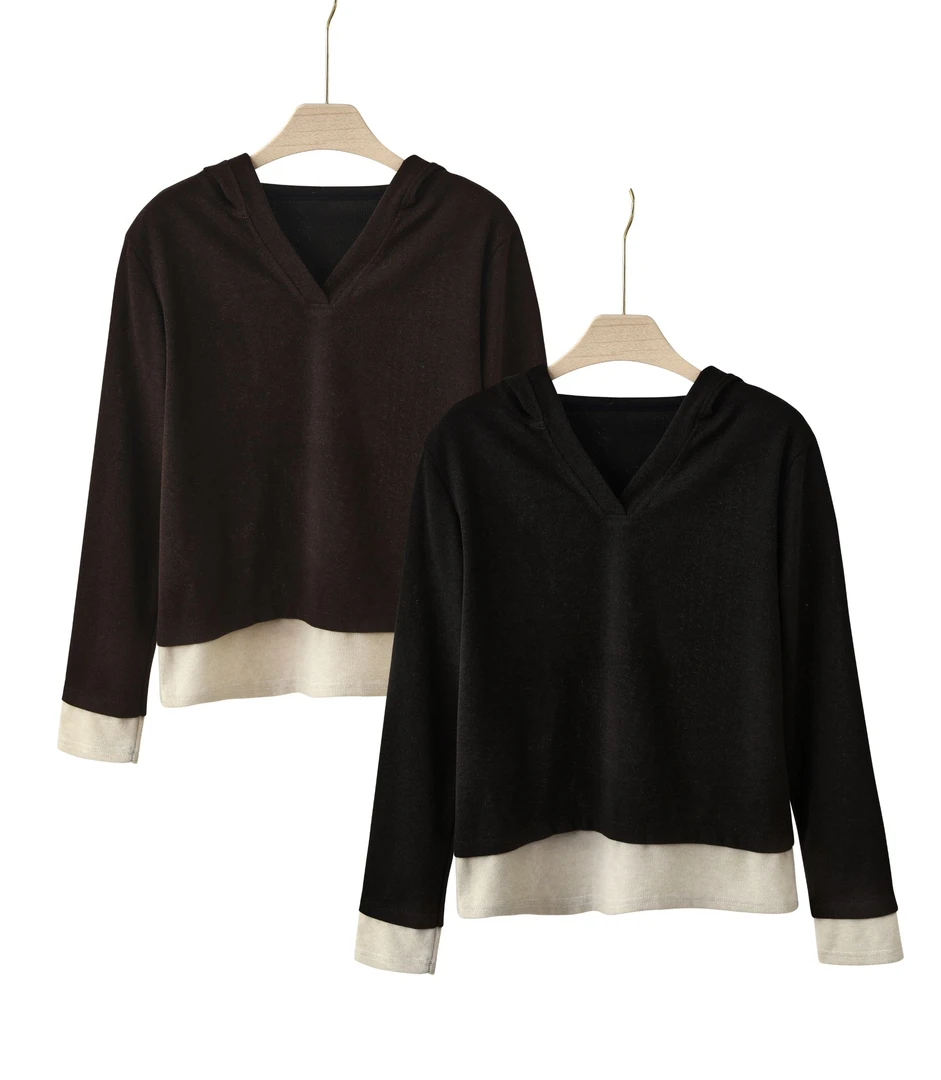 假两件撞色连帽设计打底长袖T袖秋季新款正肩百搭减龄上衣