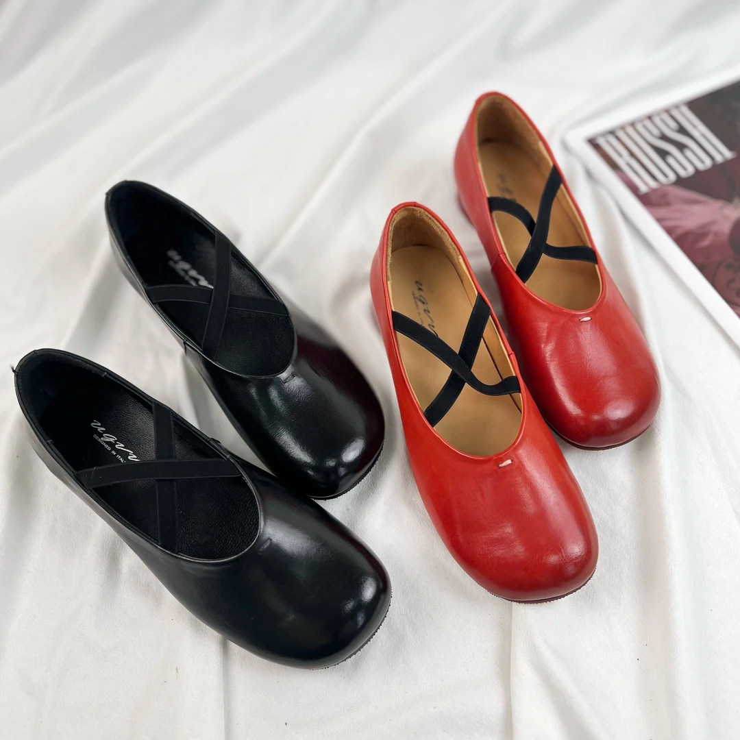 ugvv重工水洗做旧工艺马皮交叉绑带平底芭蕾舞女单鞋A392