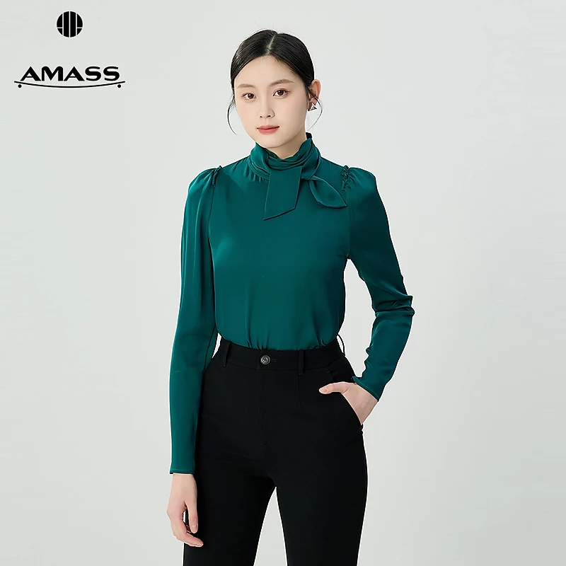 阿玛施AMASS 品质女装百搭浪漫温婉肩位花边飘带长袖衬衫530025