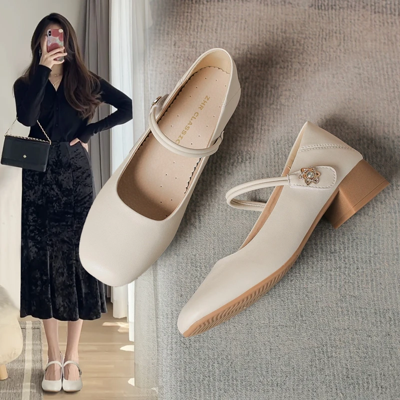 玛丽珍女鞋2025温柔裸色牛皮浅口单鞋优雅法式星钻女