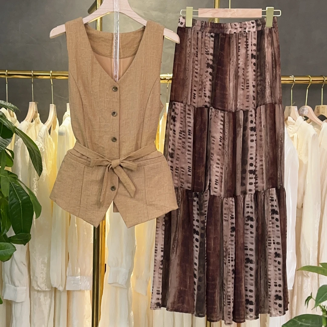 X7001 韩系两件套气质V领收腰镂空背心马甲半身裙套装夏季新款