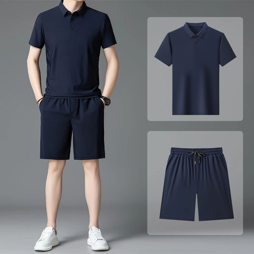 利郎商务休闲男士夏季薄款冰丝翻领短袖T恤搭配短裤休闲运动套装