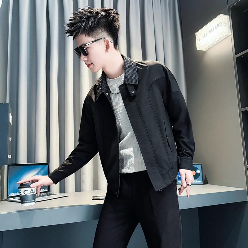 男士外套春秋季新款网红洋气炸街男装高级感痞帅拼接翻领休闲夹克