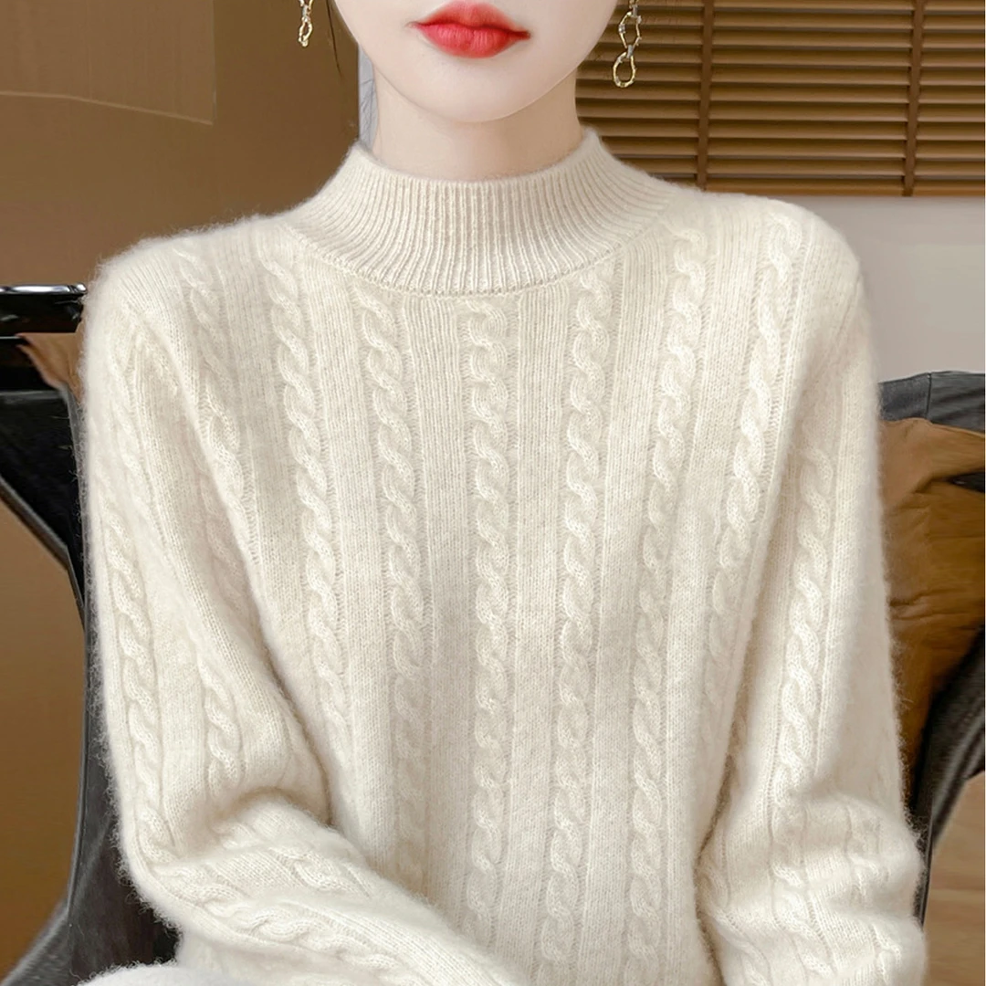 鄂尔多斯市产秋冬100%羊毛衫女半高领毛衣时尚针织百搭宽松打底衫