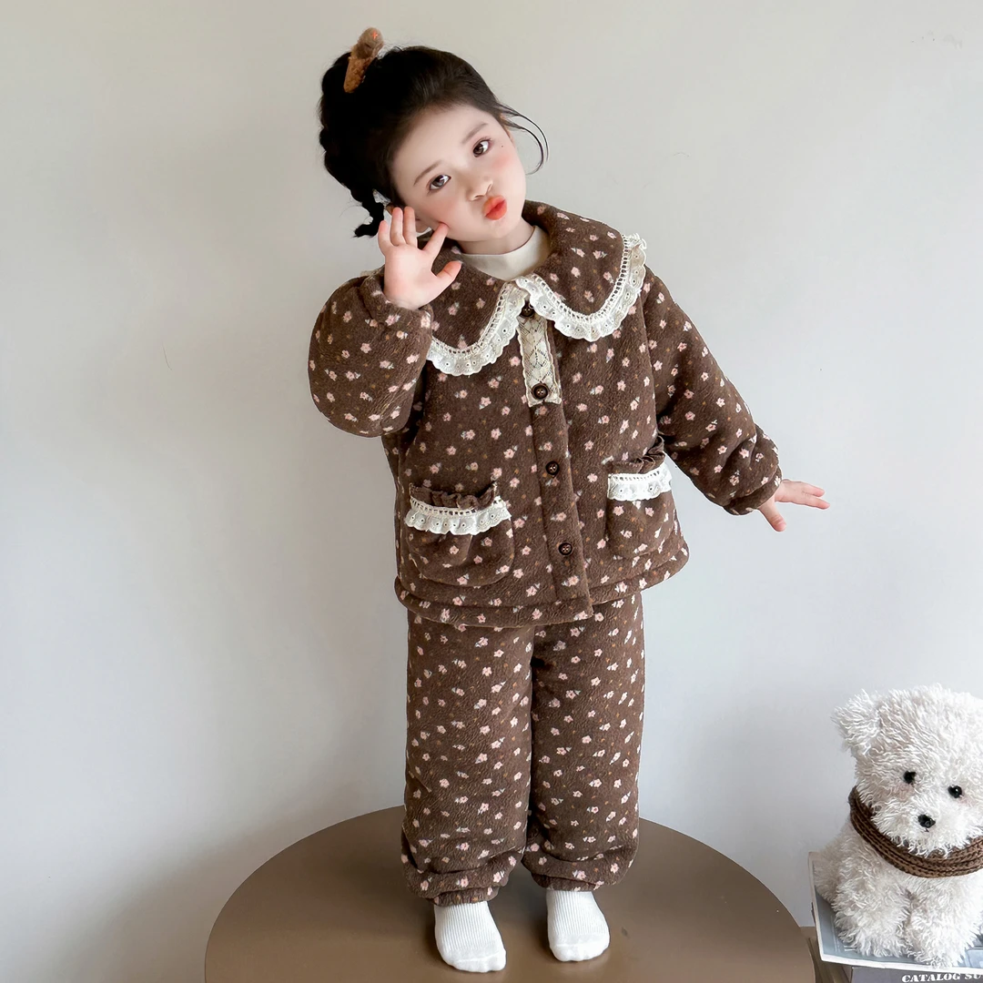 女童睡衣加绒儿童法兰绒复合一体加厚冬季女孩宝宝保暖家居服套装