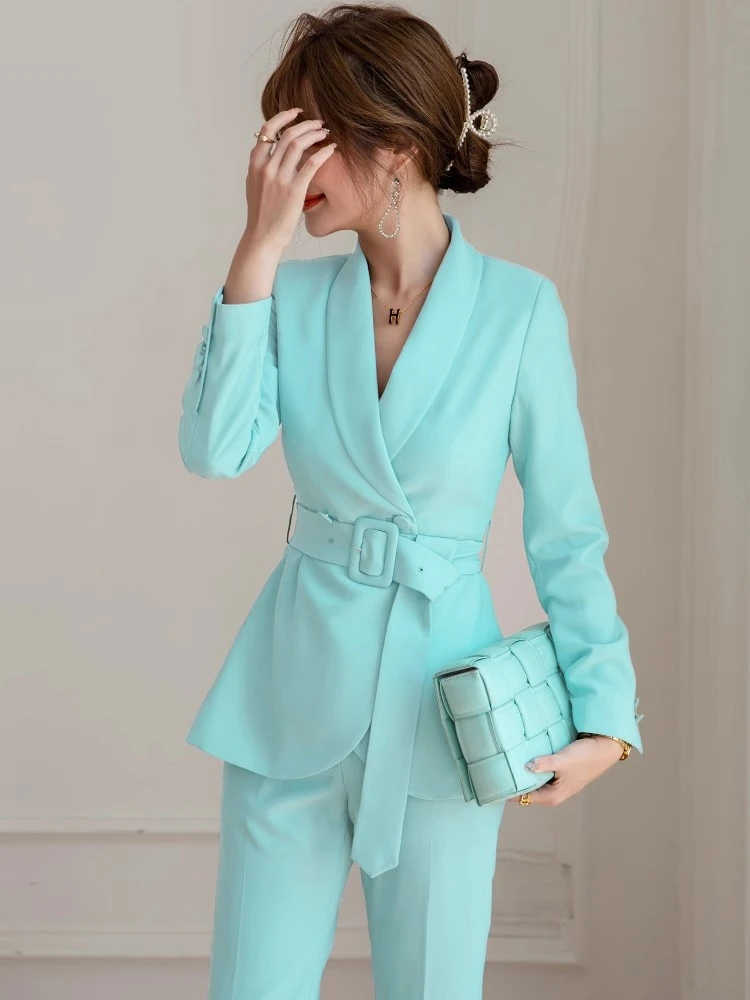9168青蓝色小西装外套女春季新款韩版修身系带显瘦九分裤西服套装