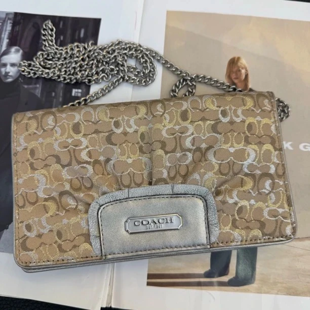 95新 COACH/蔻驰 大麦中古/coach中古拼色链条斜挎包/
