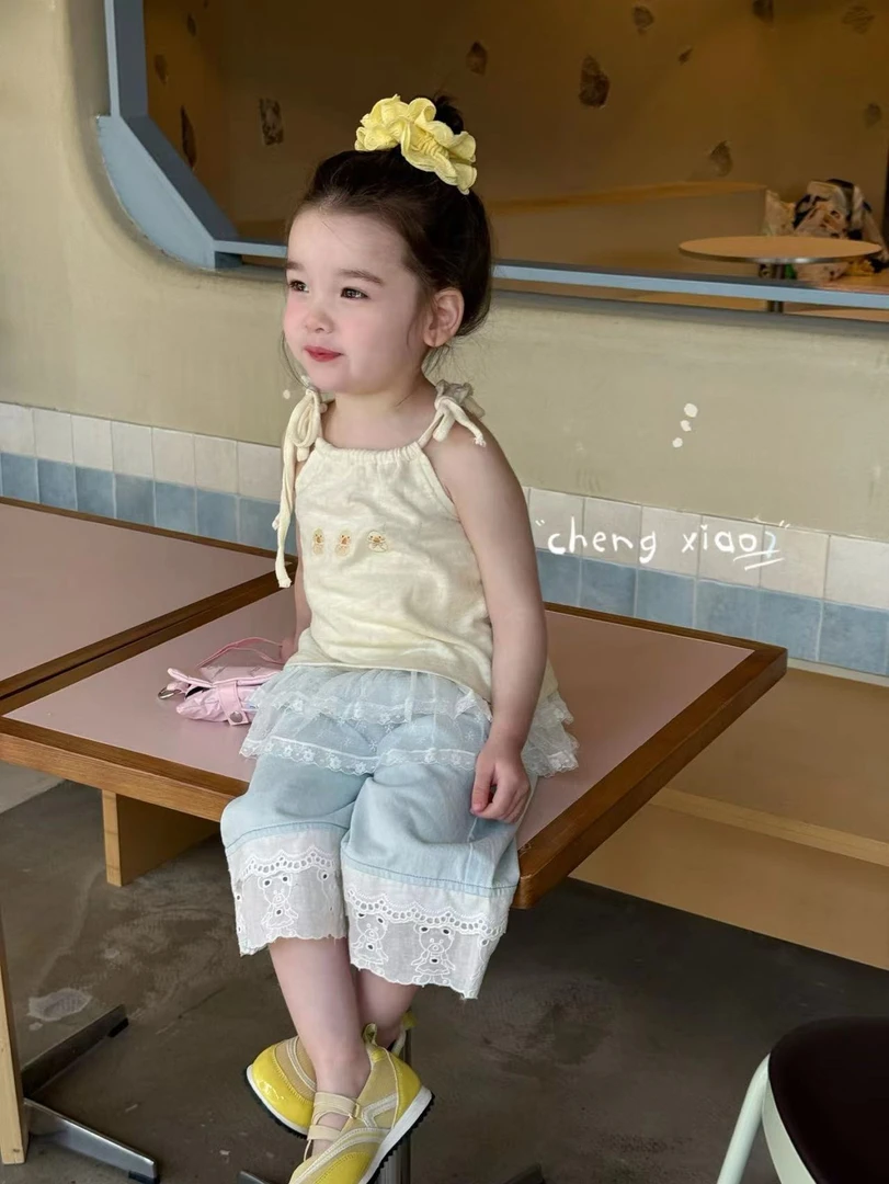 女童黄色卡通刺绣吊带上衣（CXQ-5338-夏A）