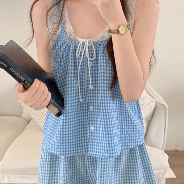 小清新蕾丝花边格子睡衣套装女款夏季吊带短裤两件套家居服可外穿