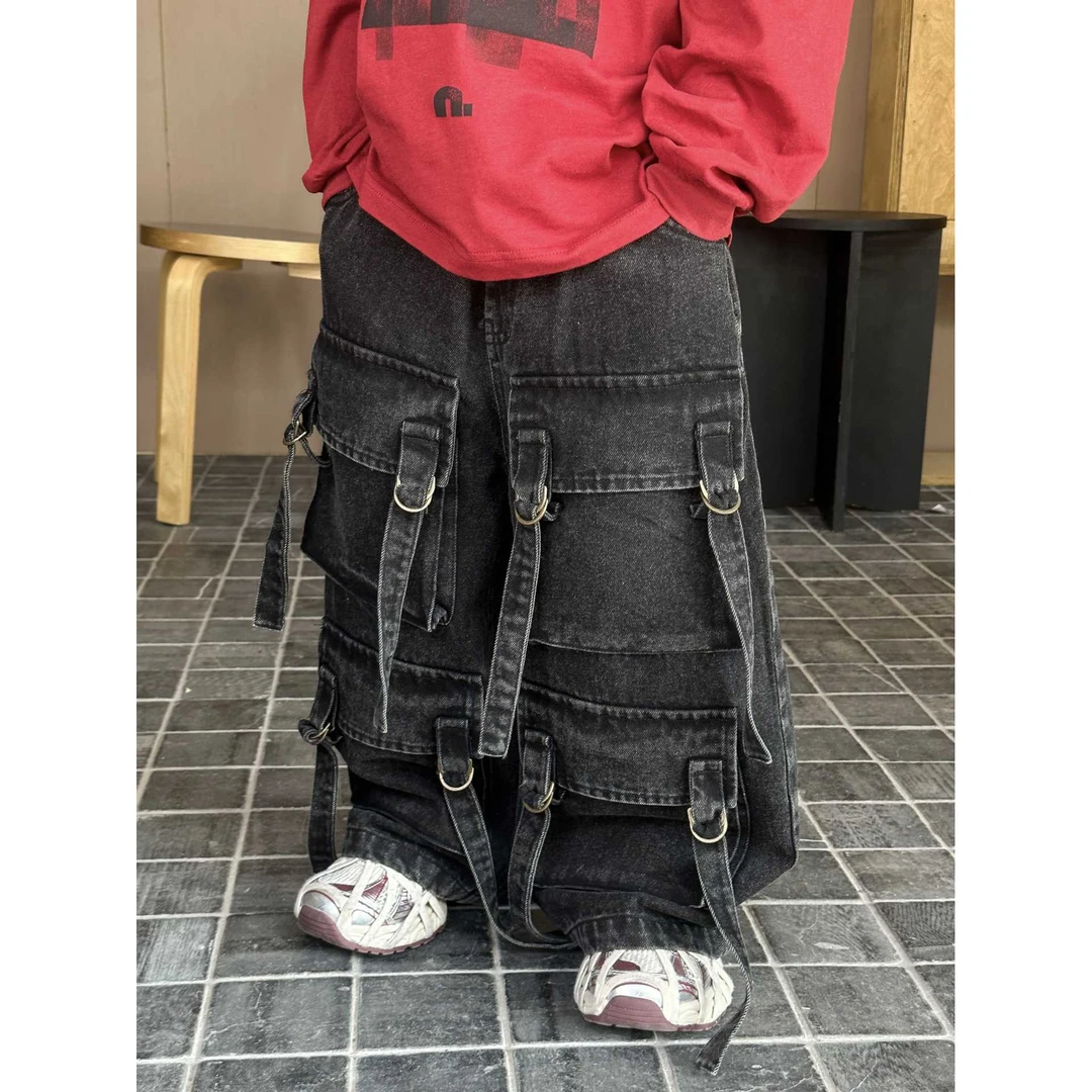 男童牛仔裤男童重工设计感多口袋工装裤复古高街痞帅宽松直筒长裤