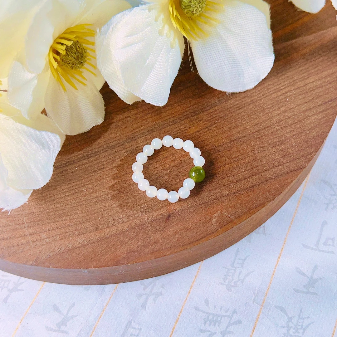 【瑶瑶专属】和田玉白玉配碧玉单珠戒指4-5mm YYZS2028