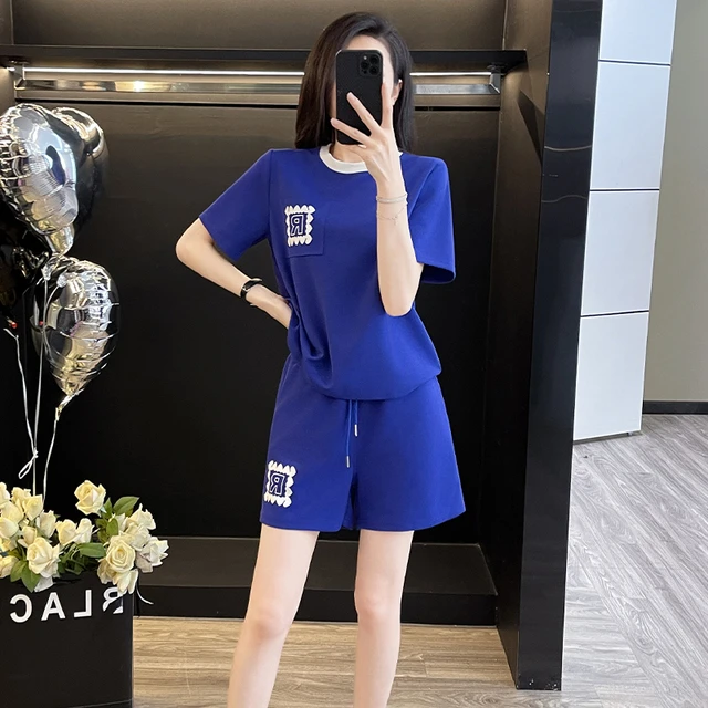 休闲运动套装女2024夏季新款简约宽松显瘦减龄圆领短袖短裤两件套
