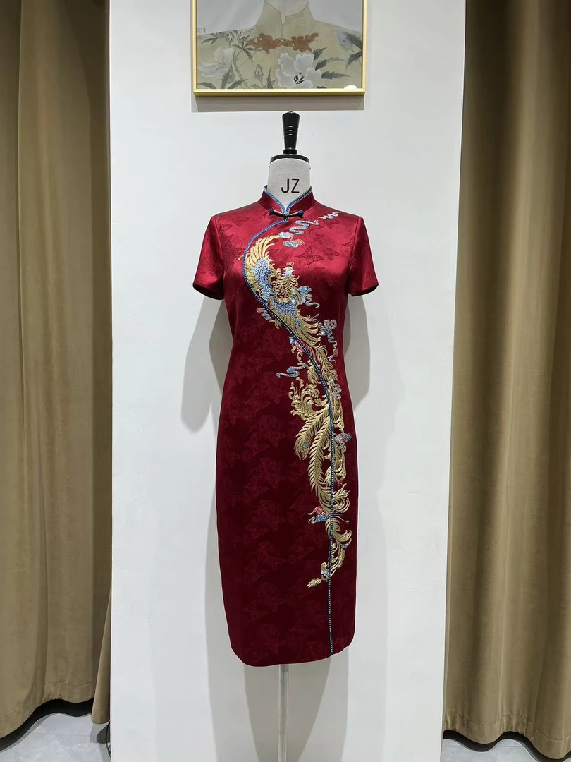 24976锦凤秀红袍优雅端庄高贵喜婆婆喜妈妈显瘦旗袍气质国风红色