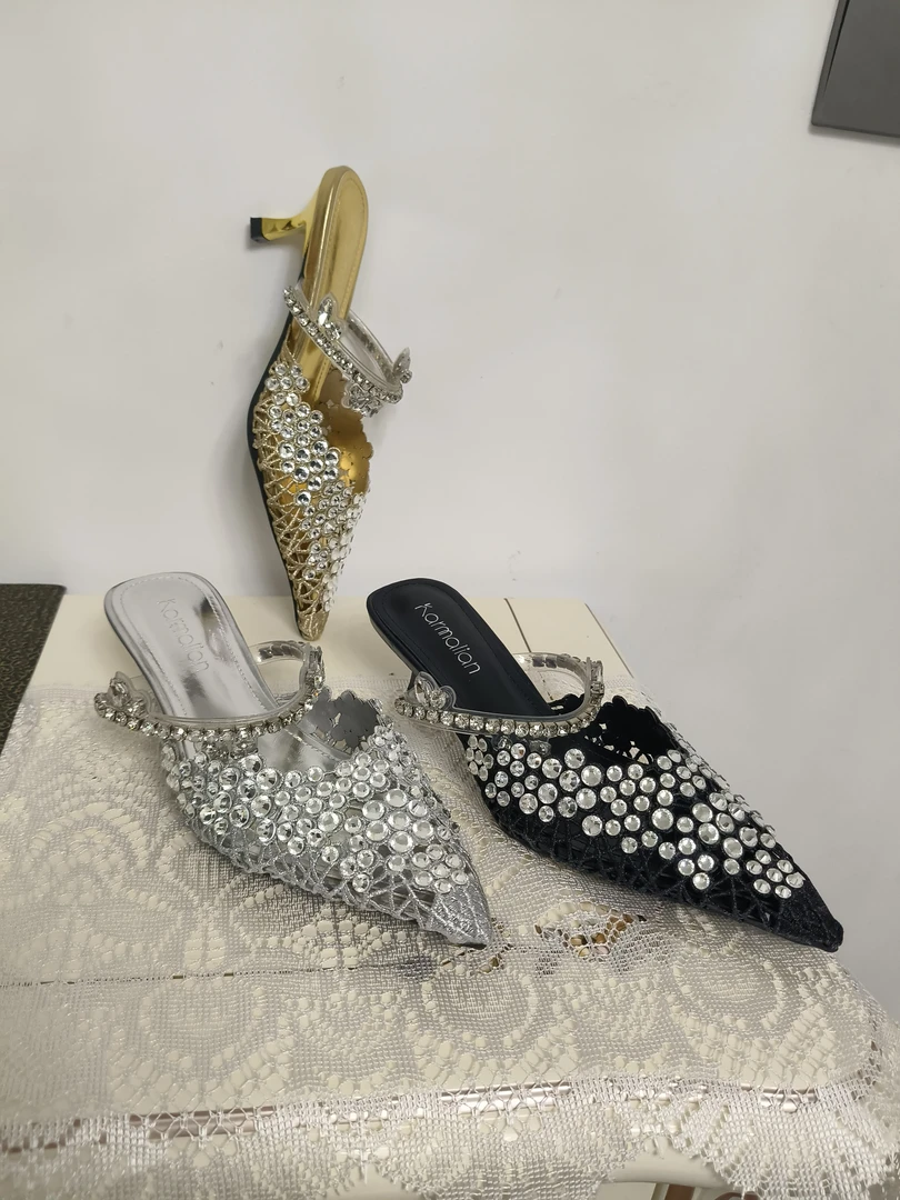 包头低跟中跟韩版日常纯色包头拖满钻欧若智性风