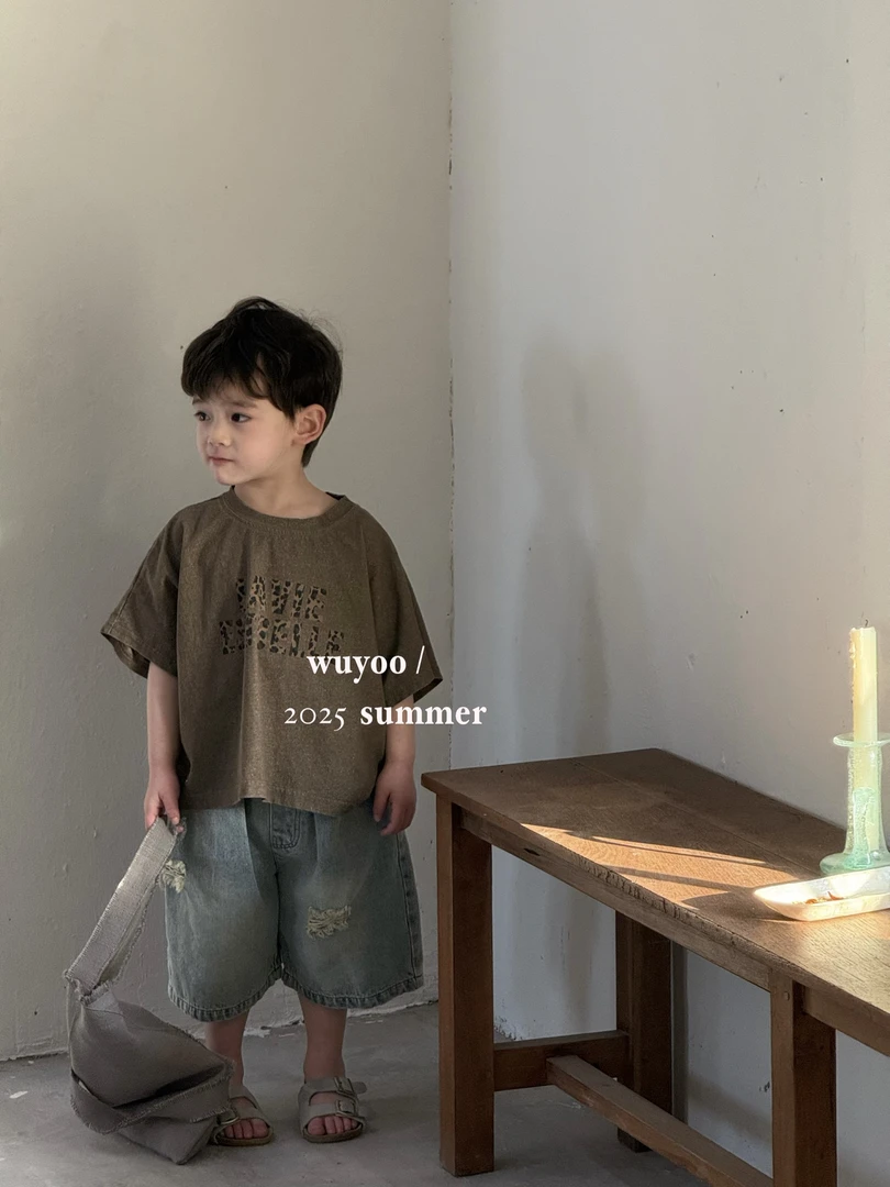 儿童复古日韩夏季T恤灰色短袖印花男圆领牛仔森系上衣女童
