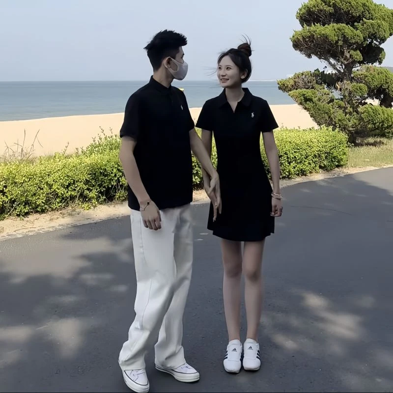 纯棉刺绣短袖情侣上衣一衣一裙套装2025夏季INS超火polo衫连衣裙