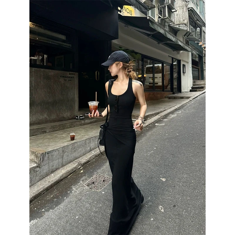 黑色u领无袖工字背心连衣裙女夏季辣妹收腰修身裙子气质包臀长裙