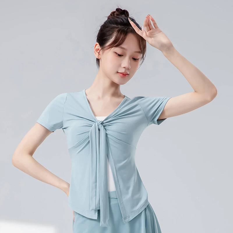 现代舞蹈练功服V领古典舞短袖系飘带瑜伽身韵上衣舞蹈服25665