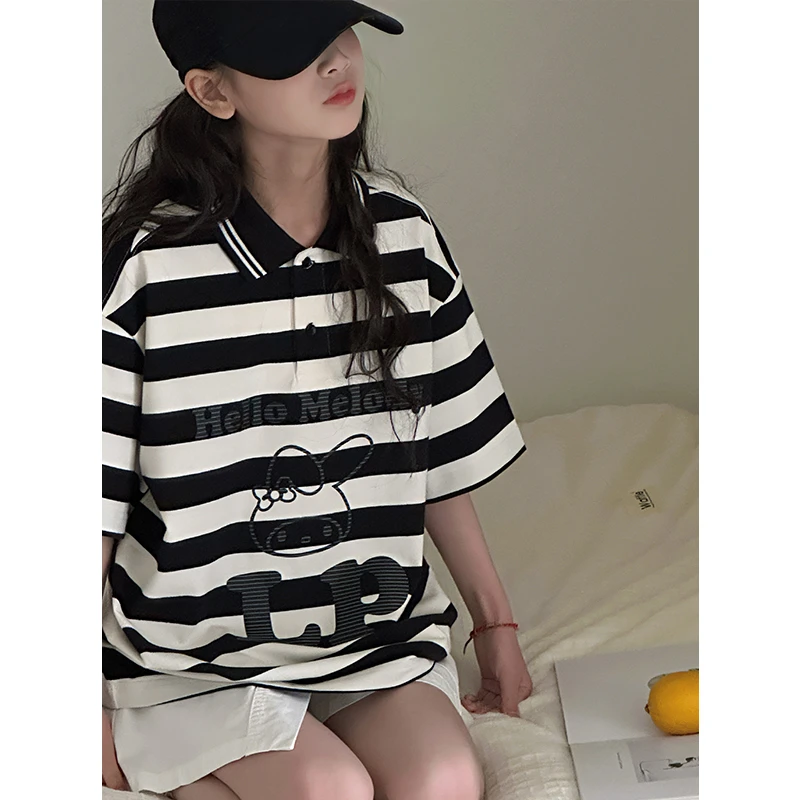 K28581女童polo衫T恤2025夏装新款儿童条纹短袖上衣半袖休闲衣服t