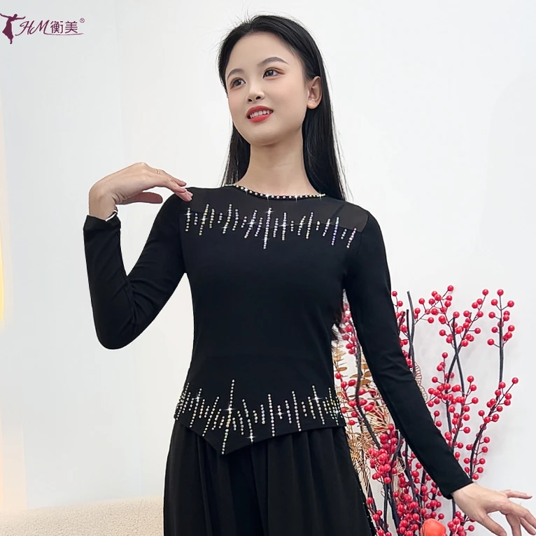 新款秋冬古典舞练功服女不规则圆领烫钻成人现代舞蹈演出表演服装