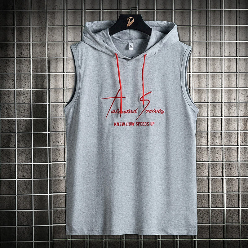 夏季无袖T恤男款连帽马甲棉质潮牌嘻哈潮坎肩背心青少年背心