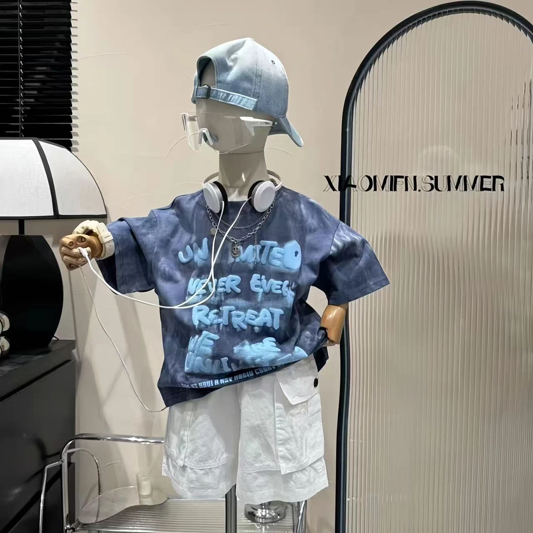 男童夏款套装2025夏季新款韩版豹点短袖T恤童装6男童时尚潮酷洋气