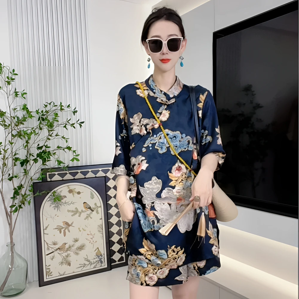 2025夏季高级感时尚气质国潮风新中式复古时尚印花盘扣显瘦套装