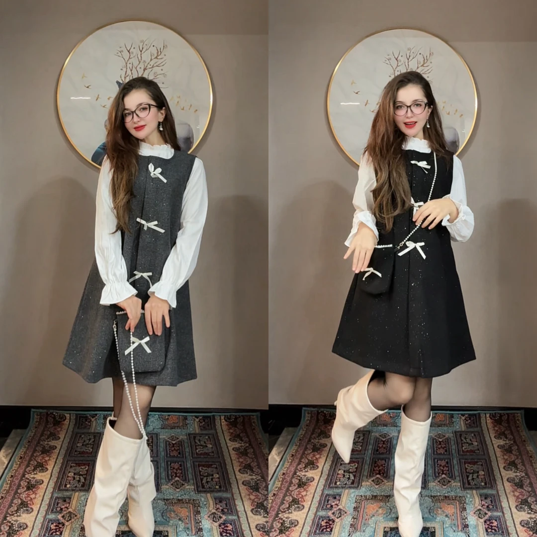 sumayya 秋冬新款韩系小香风长袖衬衫蝴蝶结背心裙套装