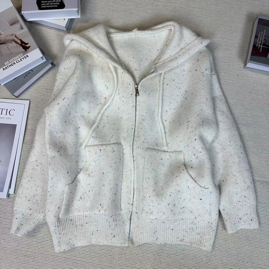 毛衣连帽洋气开衫韩版厚款标准冬季不褪色花纹休闲长袖