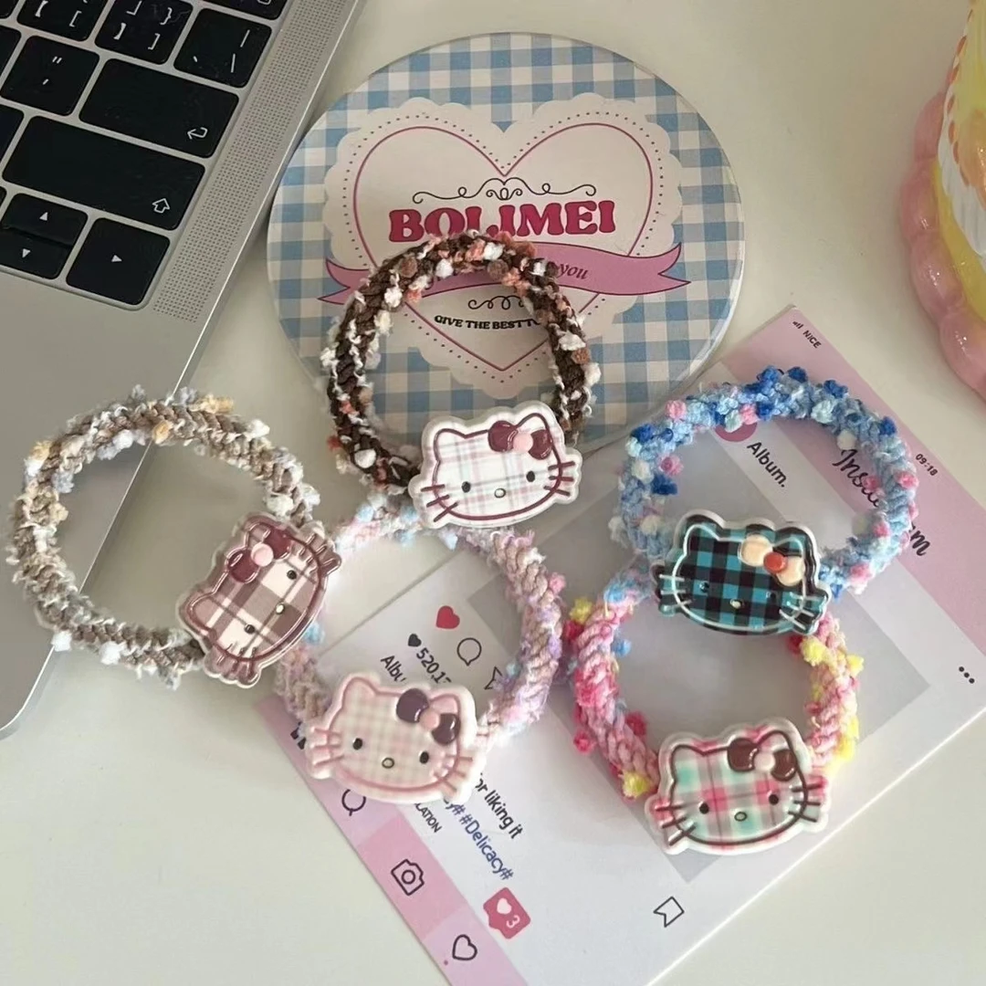 日系彩点咖色格纹kt猫彩发圈新款ins少女心可爱百搭刘海卡通头饰