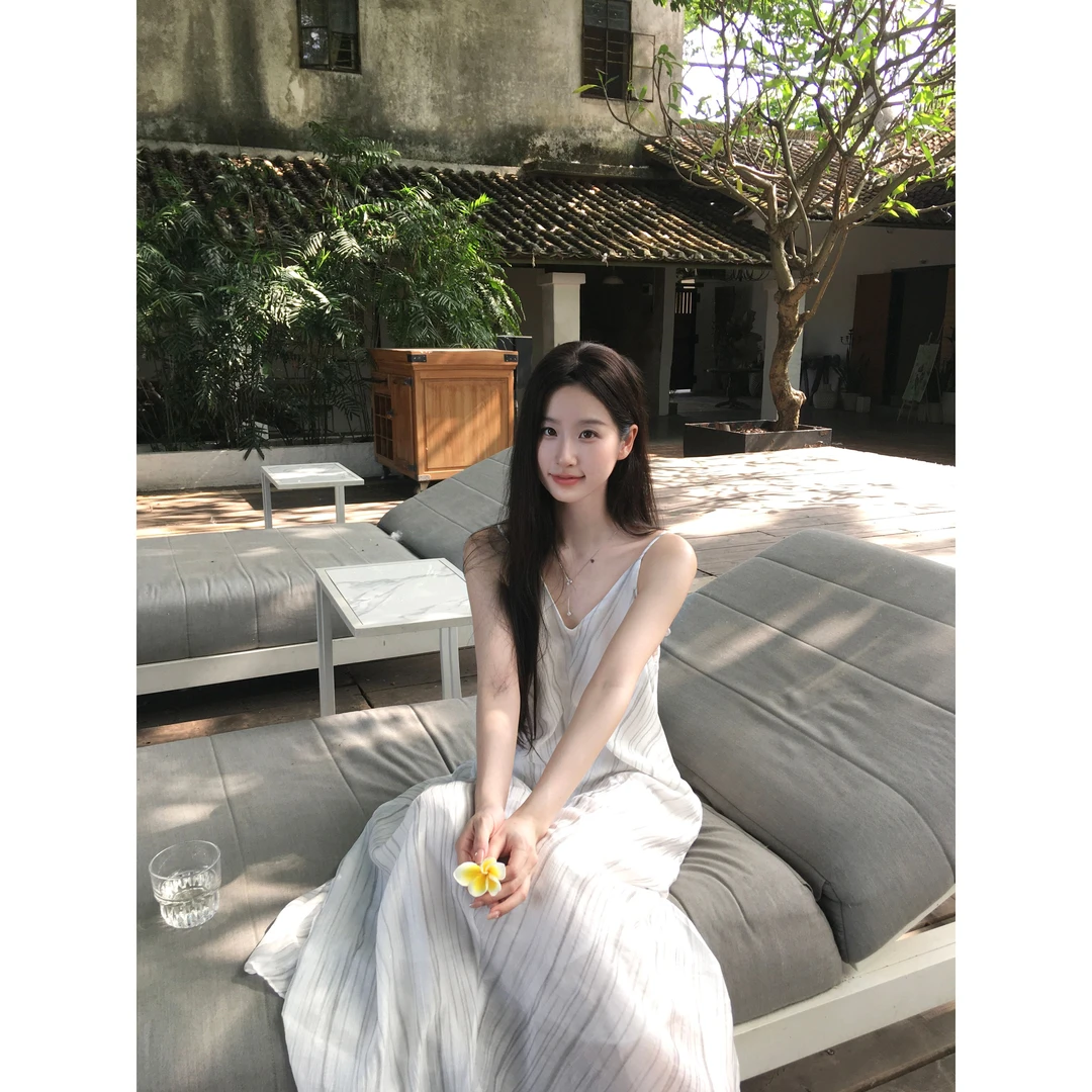 实价 扎染条纹吊带裙法式修身显瘦轻熟度假风百搭连衣裙